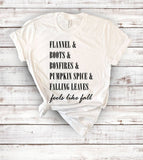 "Flannel Boots Bonfires Pumpkins Leaves" design on a unisex t-shirt