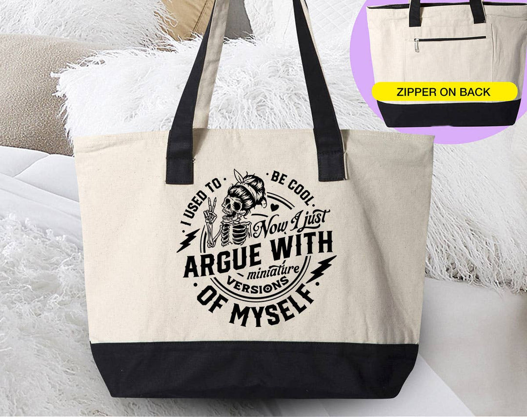 "I Used To Be Cool" design on a natural canvas zippered tote bag