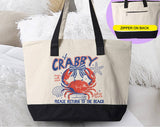 "If Crabby Please Return To The Beach Sun Sand" design on a natural canvas zippered tote bag