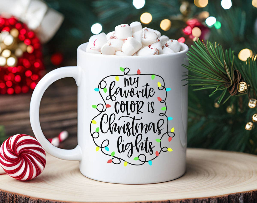 "My Favorite Color Is Christmas Lights" Christmas design on a white coffee mug