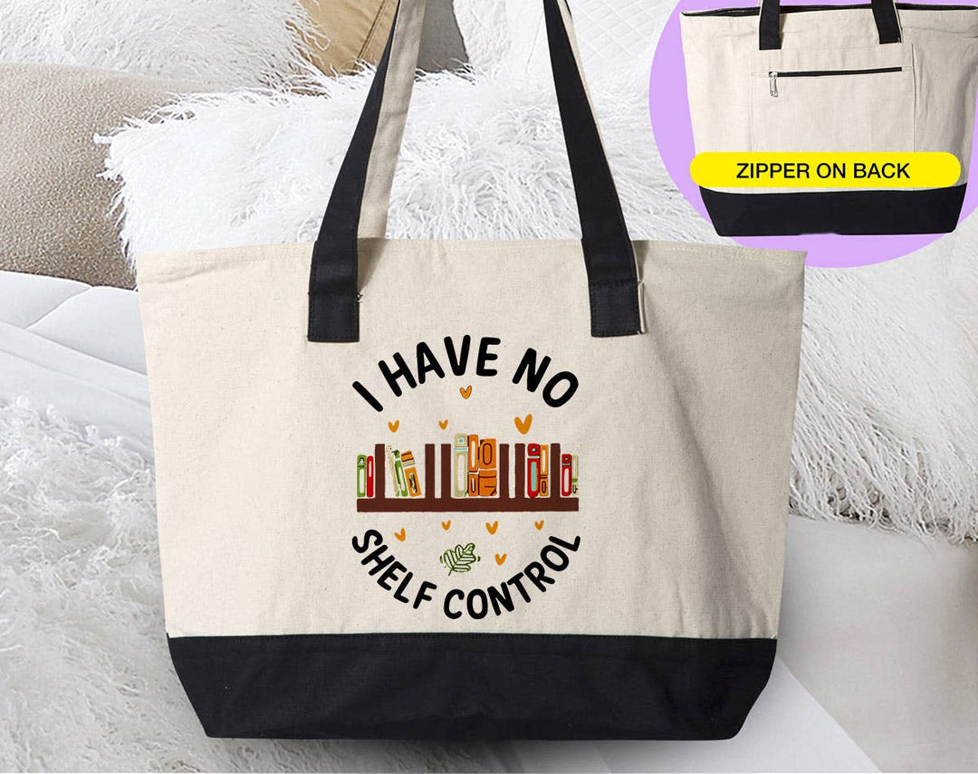 "I Have No Shelf Control" design on a natural canvas zippered tote bag