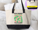 "Stay Sweet Strawberries" design on a natural canvas zippered tote bag