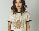 "Fireflies And Front Porch Nights" design on a natural ringer t-shirt with black contrast trim