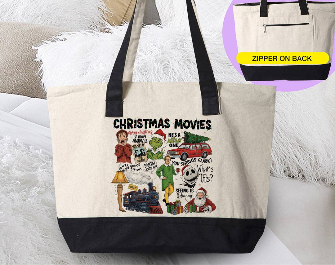 "Christmas Movies Collage Buddy Clark Pouch" design on a natural canvas zippered tote bag