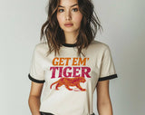 "Get Em' Tiger Retro" design on a natural ringer t-shirt with black contrast trim