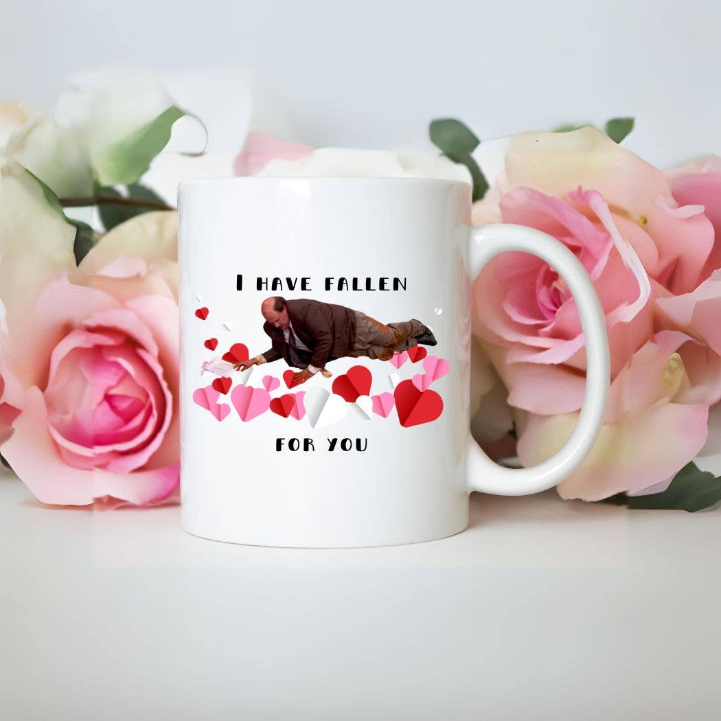 "I have fallen for you Funny Valentine The Office" design on a white ceramic coffee mug