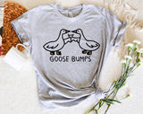 "Goosebumps Goose Pun" design on a heather gray unisex t-shirt