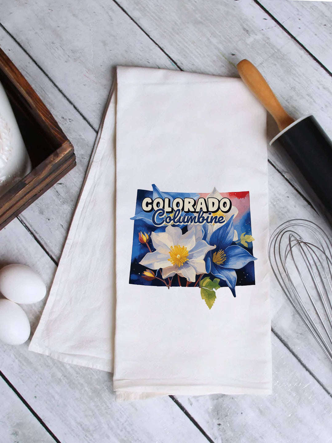 "Colorado State Flower Columbine" design on a white 28 x 28 inch flour sack tea towel