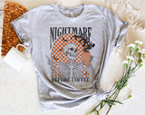 "Nightmare Before Coffee Skeleton" design on a heather gray unisex t-shirt