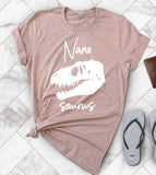 "Nana Saurus" design on a peach unisex t-shirt