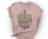 "Lucky's Irish Lodge Retro" design on a peach unisex t-shirt