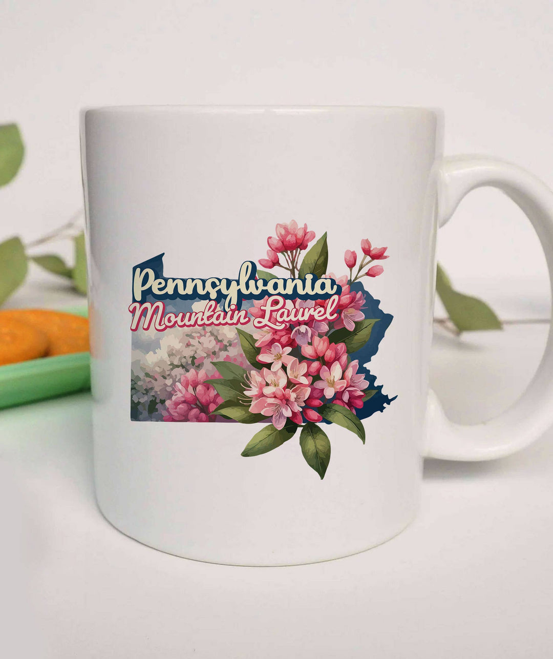 "Pennsylvania State Flower Mountain Laurel" design on a white ceramic coffee mug