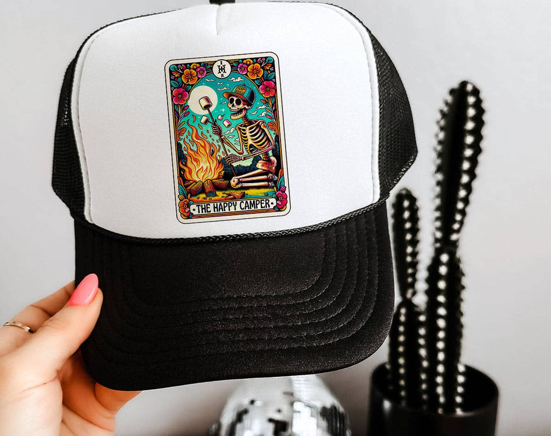 "The Happy Camper Tarot" design on a mesh-back snapback trucker hat
