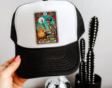 "The Happy Camper Tarot" design on a mesh-back snapback trucker hat