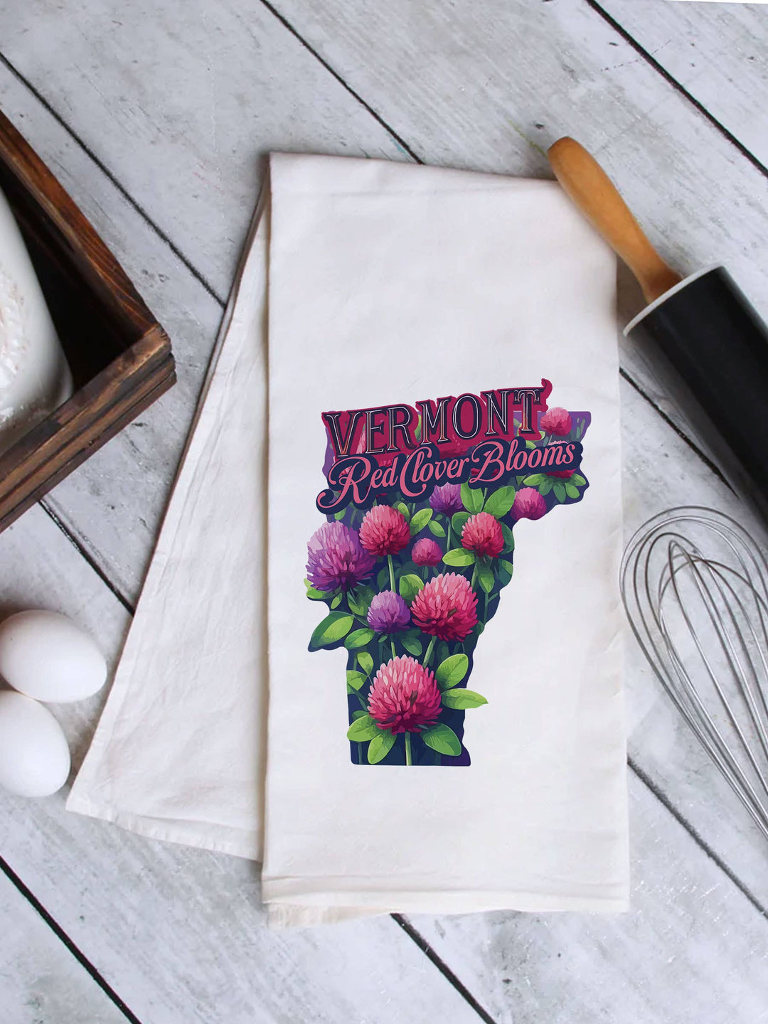 "Vermont State Flower Red Clover" design on a white 28 x 28 inch flour sack tea towel