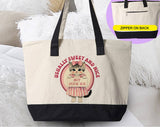 "Usually Sweet & Nice But Fuck Ice Cat" design on a natural canvas zippered tote bag