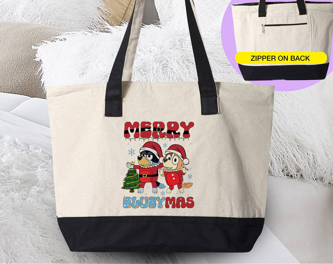 "Dog Friends Bingo" design on a natural canvas zippered tote bag