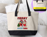 "Dog Friends Bingo" design on a natural canvas zippered tote bag