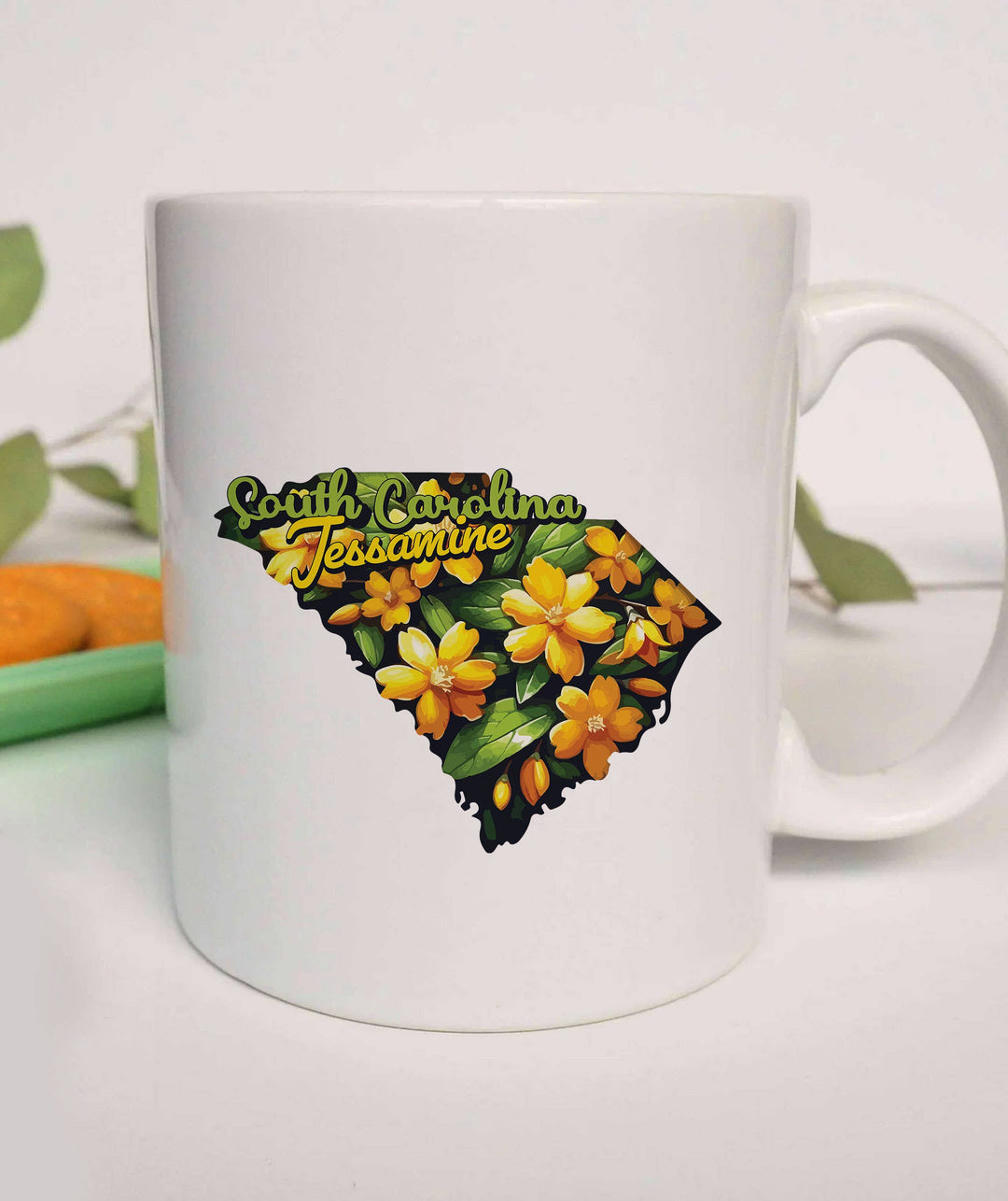"South Carolina State Flower Jessamine" design on a white ceramic coffee mug