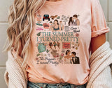 "The Summer I Turned Pretty Collage" design on a peach unisex t-shirt