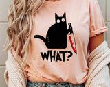 "Cat Knife What" design on a peach unisex t-shirt