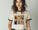 "Halloween Stamps Retro Pumpkin" design on a natural ringer t-shirt with black contrast trim