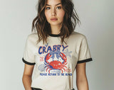 "If Crabby Please Return To The Beach" design on a natural ringer t-shirt with black contrast trim