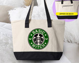 "Basic Witch" design on a natural canvas zippered tote bag