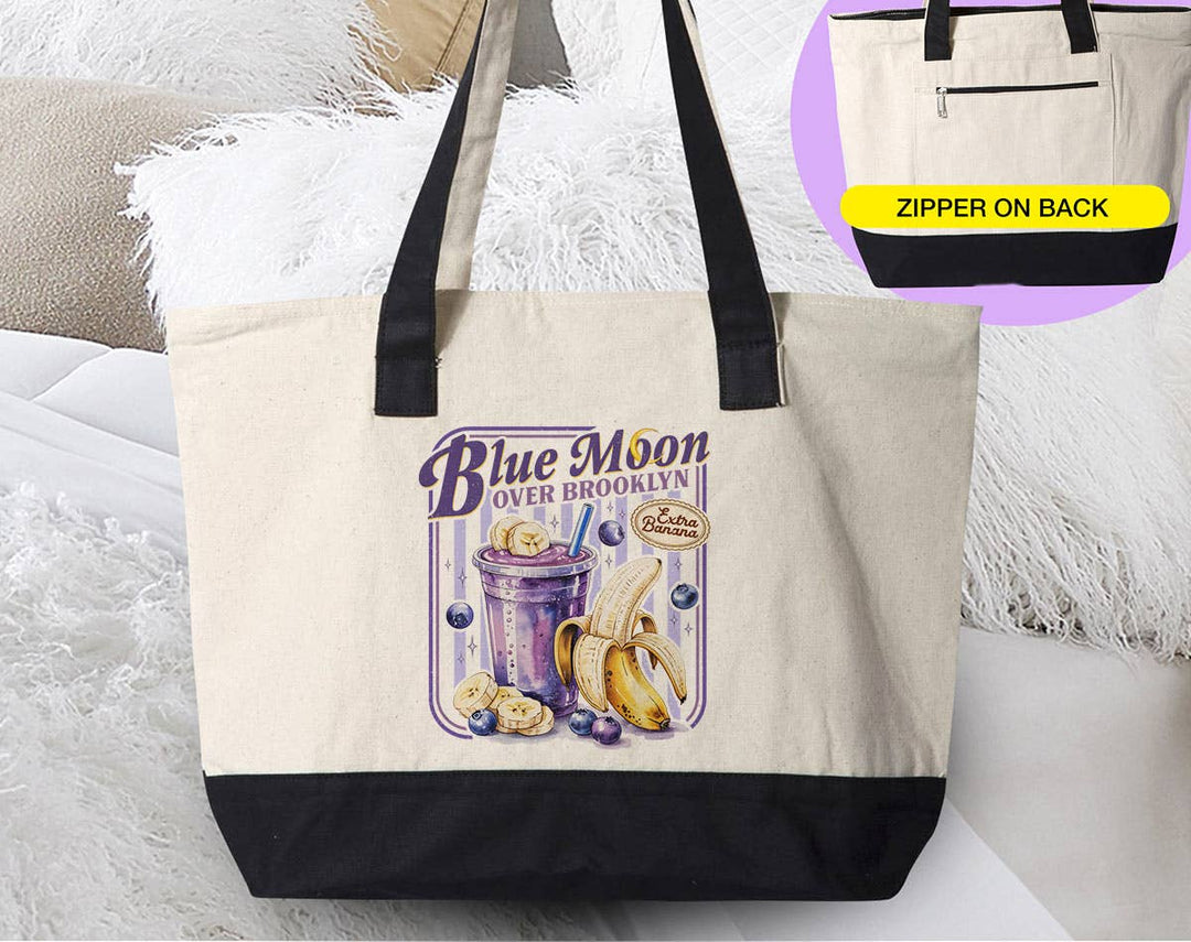 "Blue Moon Over Brooklyn Heated Rivalry Inspired" design on a natural canvas zippered tote bag