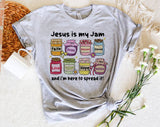 "Jesus Is My Jam" design on a heather gray unisex t-shirt