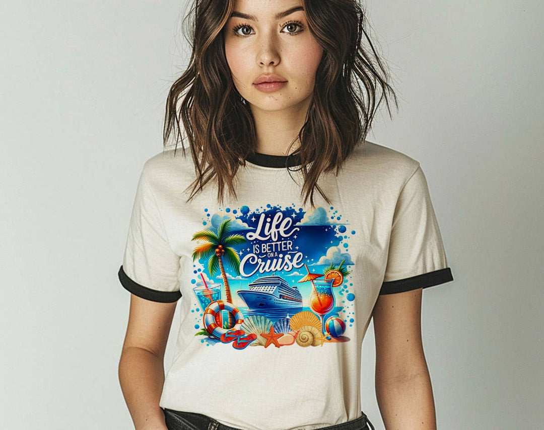 "Life Is Better On A Cruise" design on a natural ringer t-shirt with black contrast trim