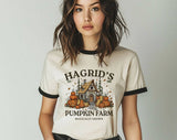 "Hagrid's Pumpkin Farm" design on a natural ringer t-shirt with black contrast trim