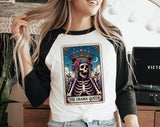 "The Drama Queen Tarot" design on a white baseball raglan tee with black sleeves