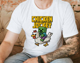 "Chicken Jockey" design on a white unisex t-shirt