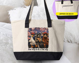 "Bad Day To Be A Hotdog" design on a natural canvas zippered tote bag