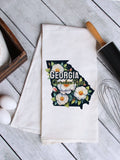 "Georgia State Flower Cherokee Rose" design on a white 28 x 28 inch flour sack tea towel