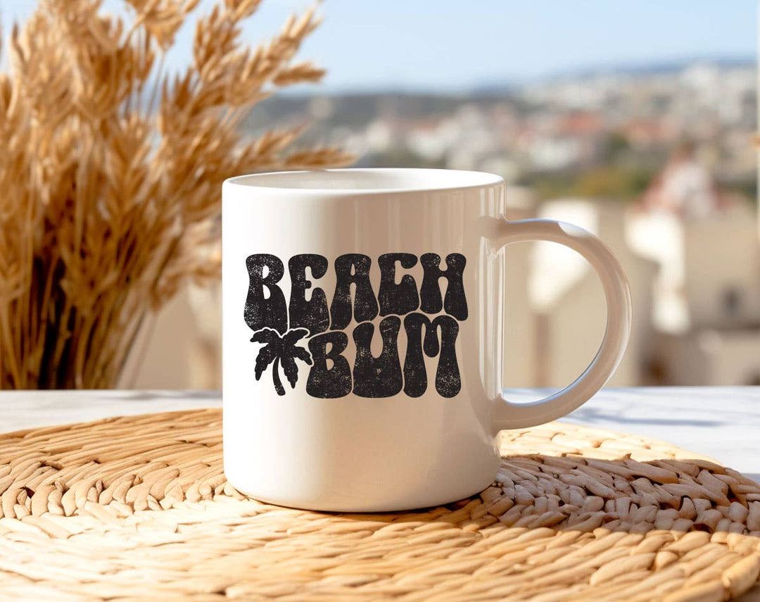 "Beach Bum" design on a white ceramic coffee mug
