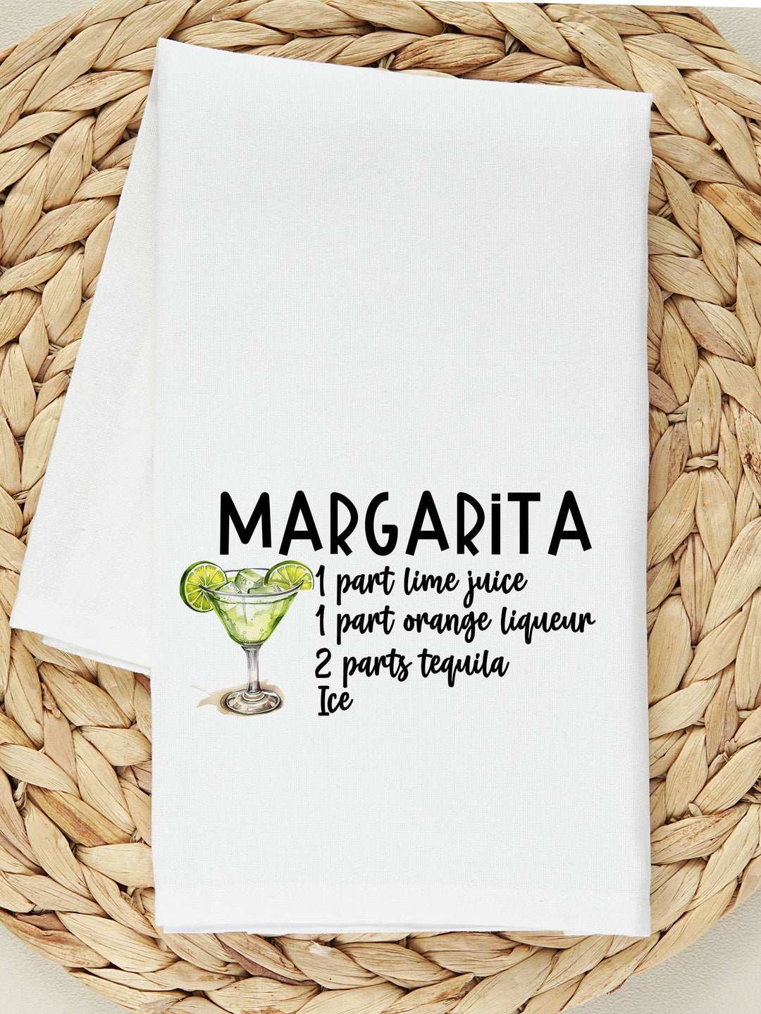 "Margarita Cocktail Recipe" design on a white 28 x 28 inch flour sack tea towel