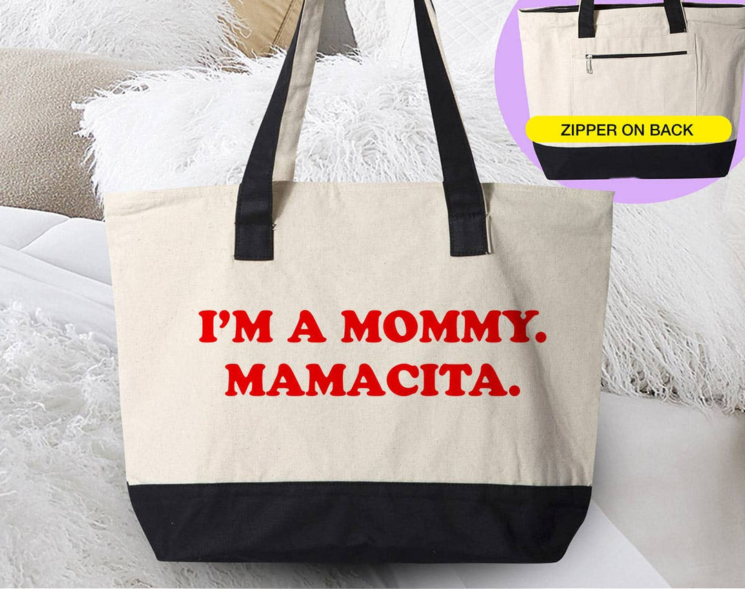"I'm A Mommy. Mamacita Love Island Inspired" design on a natural canvas zippered tote bag
