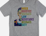 "When Injustice Becomes Law RBG" design on a white unisex t-shirt