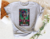 "The Stoner Tarot Skeleton" design on a heather gray unisex t-shirt