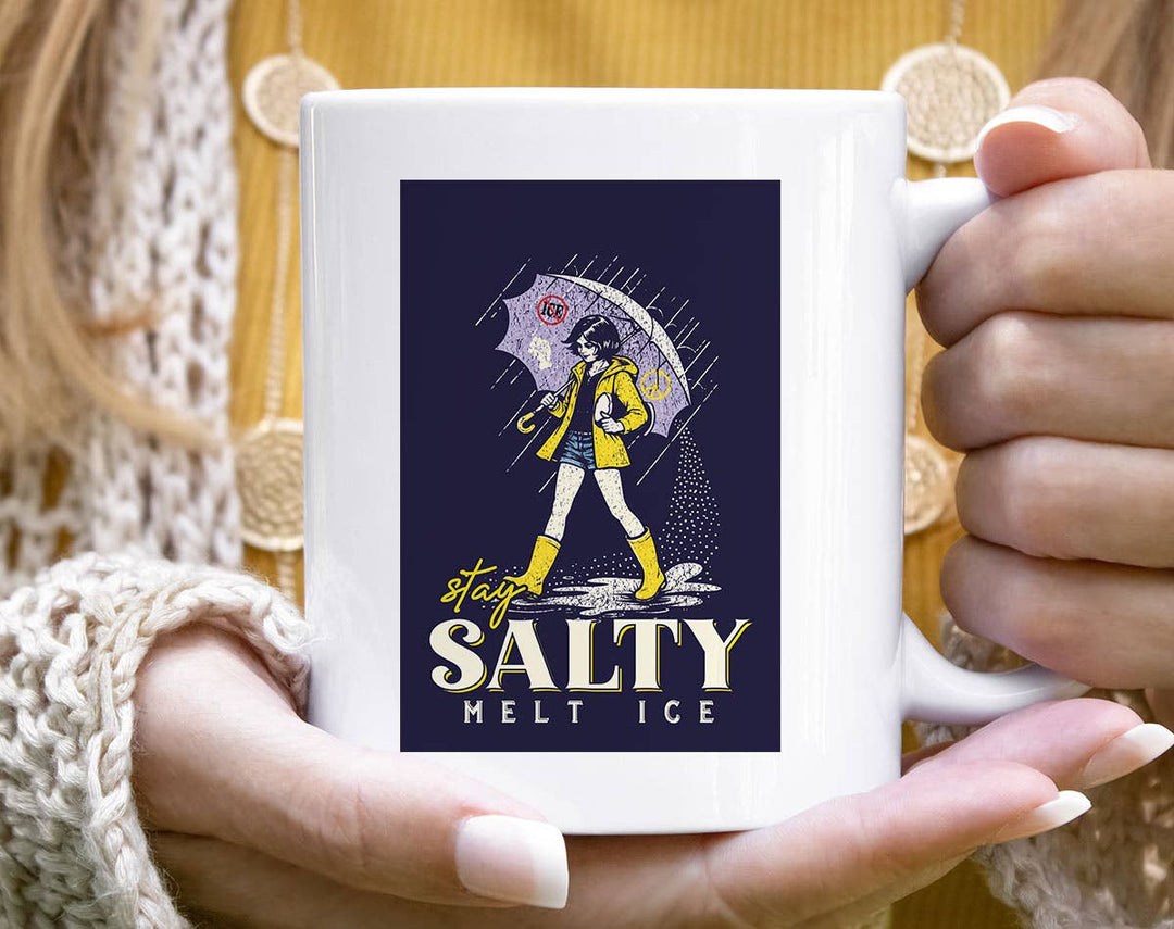 "Stay Salty, Melt Ice" design on a white ceramic coffee mug