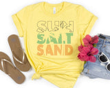 "Sun Salt Sand" design on a pale yellow unisex t-shirt