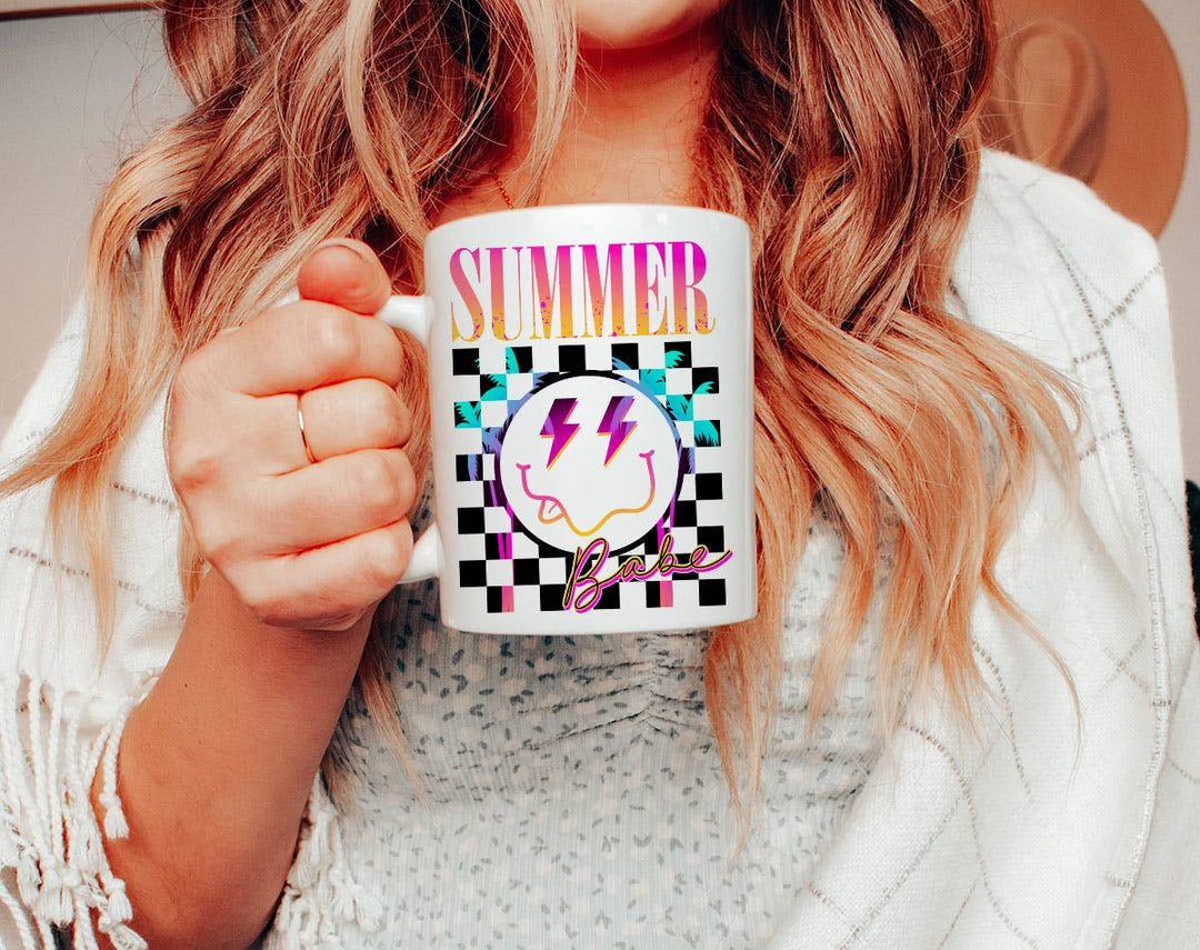 "Summer Babe Checkered" design on a white ceramic coffee mug