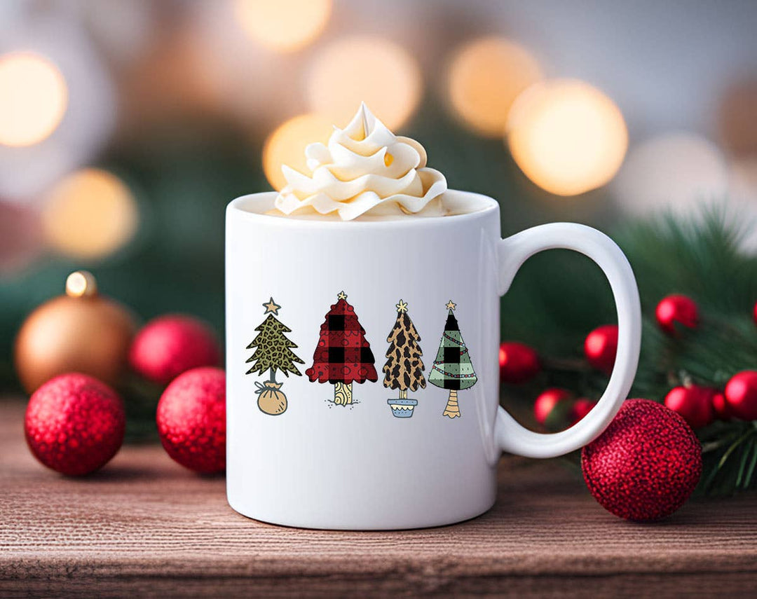 "Plaid Christmas Trees" Christmas design on a white coffee mug