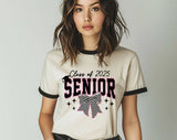 "Class Of 2025 Senior Graduation" design on a natural ringer t-shirt with black contrast trim