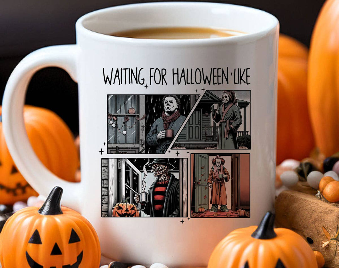 "Waiting For Halloween Like" Halloween design on a white coffee mug