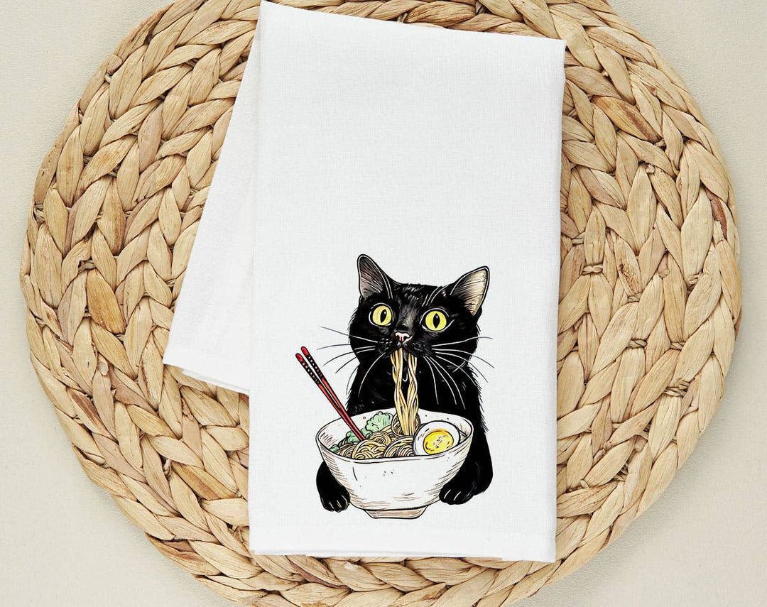 "Cat Eating Ramen" design on a white 28 x 28 inch flour sack tea towel