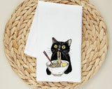 "Cat Eating Ramen" design on a white 28 x 28 inch flour sack tea towel