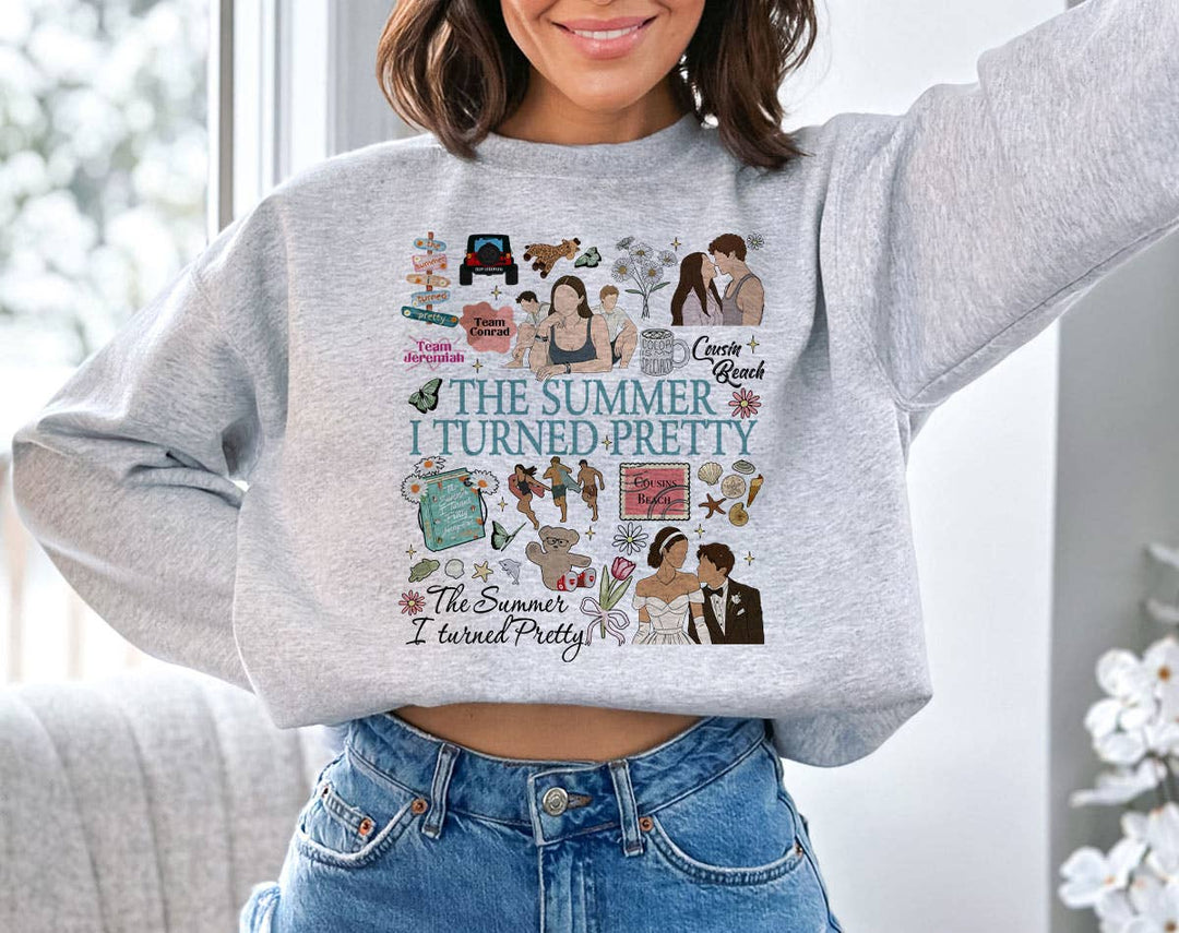 "The Summer I Turned Pretty Collage" design on an ash gray unisex crewneck sweatshirt